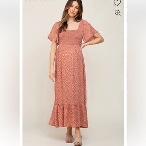 In the Beginning Rust Terracotta Leaf Floral Smocked Flounce Sleeve Maxi Dress S